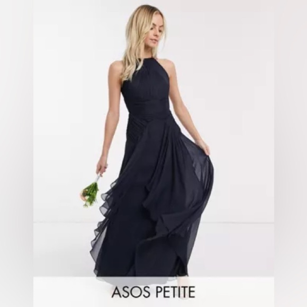 ASOS DESIGN Petite Bridesmaid Pinny maxi dress w/ruched bodice and layered skirt